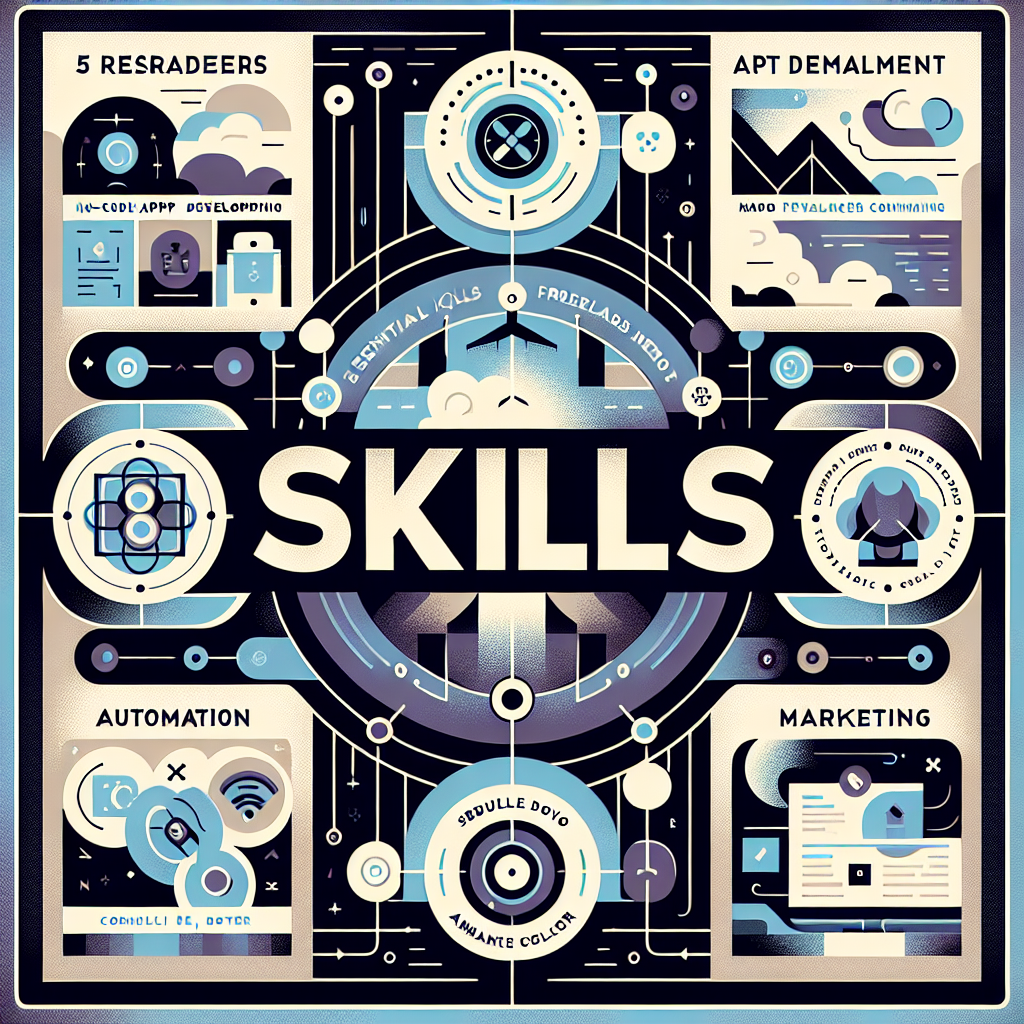 image qui permet de representer l'article au titre de : 5 Compétences Clés pour Réussir en Freelancing en 2025 : De Bubble.io aux Stratégies Marketing avec le mot : compétences au mileu et queles elements de design qui font penser aux milieu techno et no-code
