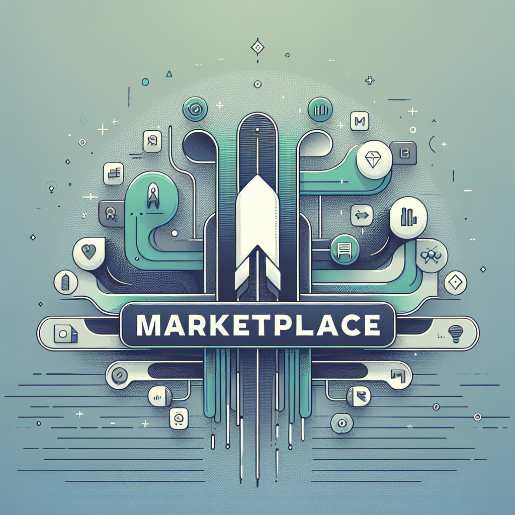 image qui permet de representer l'article au titre de : Comment Lancer Une Application Marketplace avec Bubble.io : Guide Complet avec le mot : Marketplace au mileu et queles elements de design qui font penser aux milieu techno et no-code